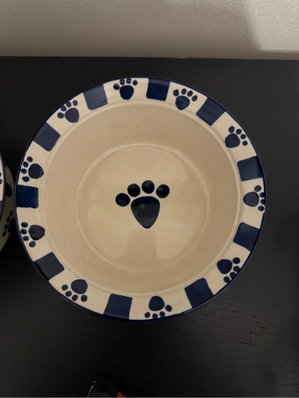 Vtg Petrageous Stoneware Pet Bowls Set 2 Navy Blue Cream Paw Print Dog Dishes